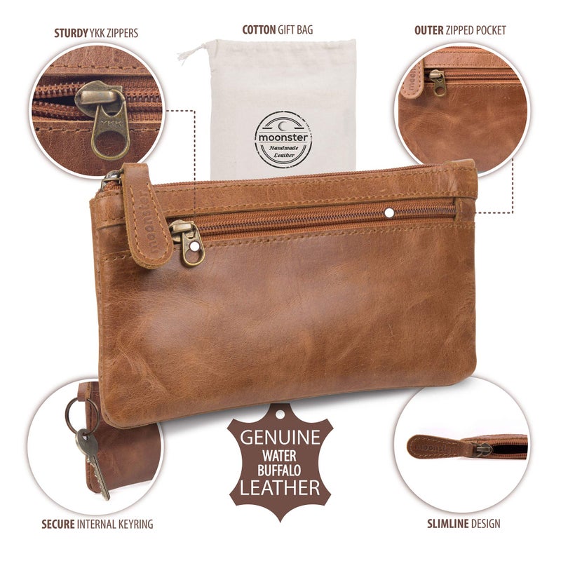 moonster Leather Pencil Case Pouch, Handcrafted 8" x 4" Leather Pen Case with Zipper - Pencil Cases for Adults with Side Pocket - Pencil Pouch Zippered Pen Bag - Light Brown - Image 5